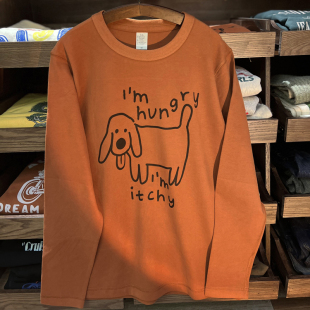 三本针300克重磅磨毛厚男女长袖 美式 小狗饿了 vintage T情侣 复古