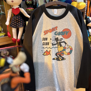 美式复古vintage 笨蛋高飞 插肩麻灰拼色重磅纯棉长袖T恤情侣
