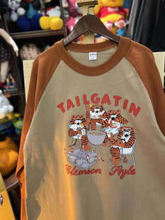 卡通可爱小老虎 vintage 拼色插肩粗棉重磅男女情侣T恤 复古 美式