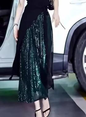 亮闪闪绿色半身裙女春季2025新款高腰垂感高端气质减龄大摆伞裙子