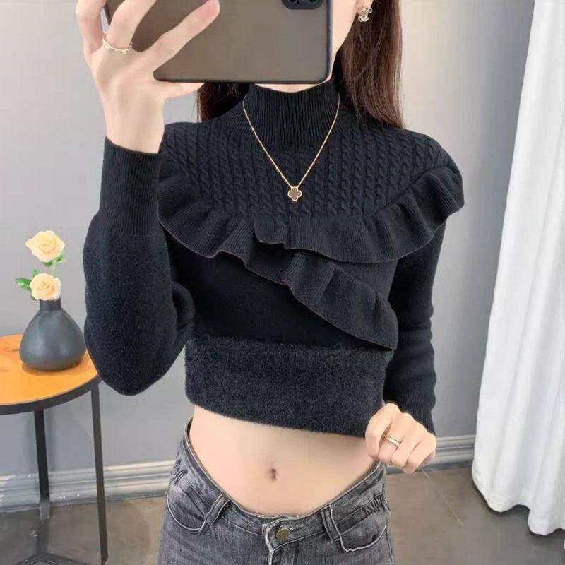 加绒加厚一体绒毛衣女2026新款冬季半高领荷叶边针织打底修身上衣
