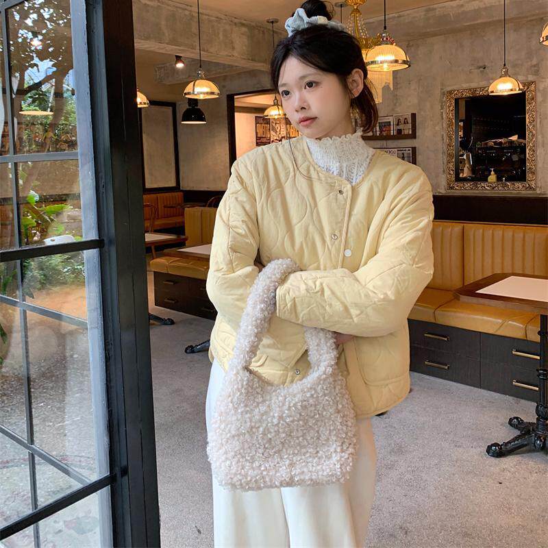 日系菱格黄色棉衣外套女2026秋冬新款宽松百搭小个子轻薄保暖棉服