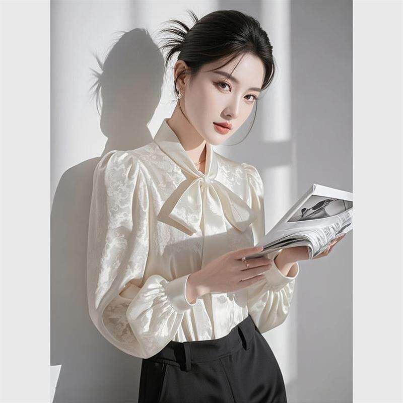 白色蝴蝶结衬衫女长袖2026年春季新款高级感好看轻奢洋气宽松上衣