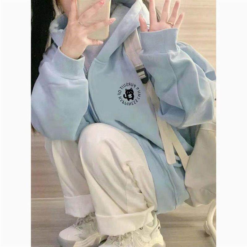 小众ins风小黑猫印花外套女学生宽松拉链连帽卫衣薄款百搭上衣