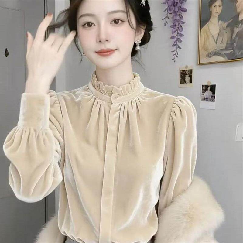 法式立领丝绒长袖衬衫女2026年春秋新款宽松百搭气质休闲小衫上衣