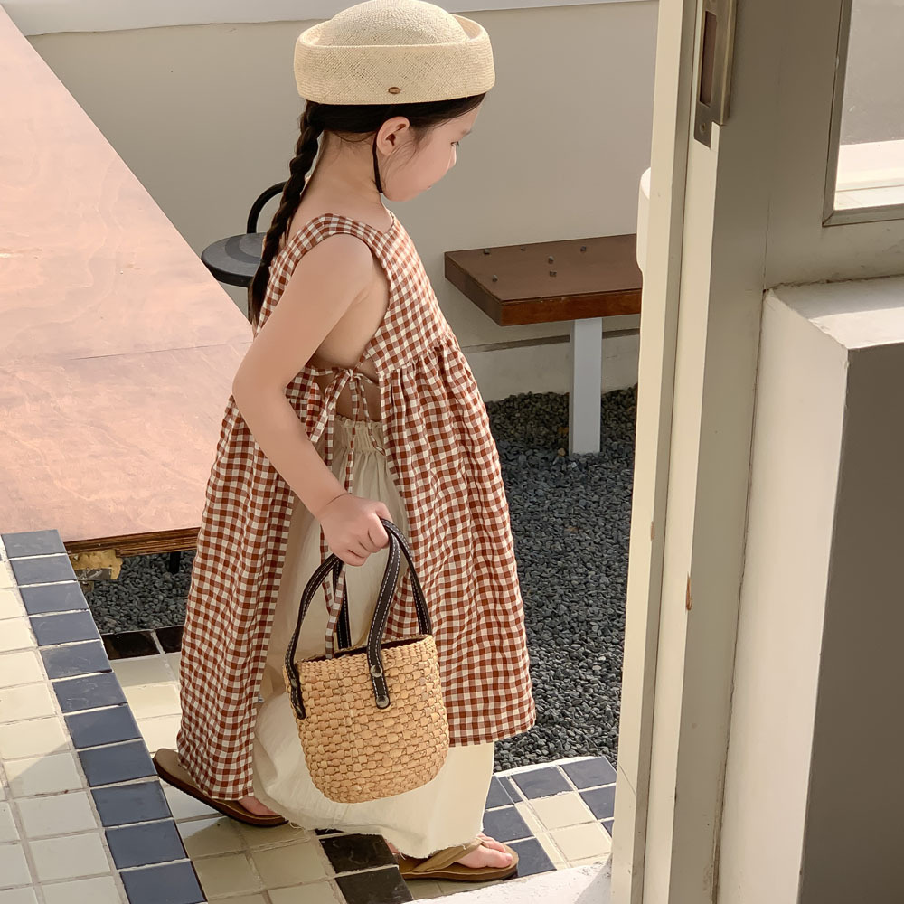 童裙2025夏款女童韩版格子吊带背心连衣裙儿童洋气无袖系带两件套