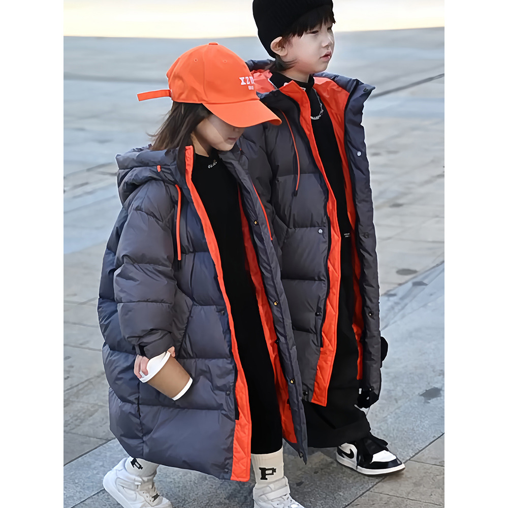 韩国冬季新款男女童装2025冬季长款羽绒棉服过膝中大童外套时尚
