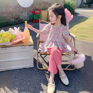 上衣阔腿裤 女童粉色碎花套装 儿童甜美风短袖 2025夏季 两件套 新款