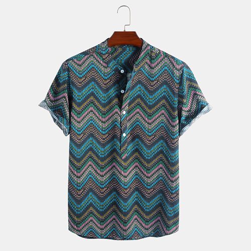 Men's V-neck Wave Print Short Sleeve Top 男式V领波浪印花上衣