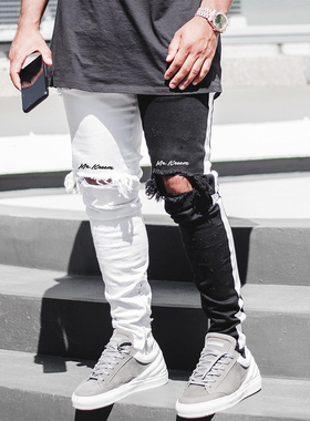 New fashion skinny jeans men's clothes 破洞直筒拉链小脚裤男