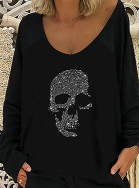 Skull Print Oversized Loose T-shirt Top骷髅头印花宽松T恤上衣