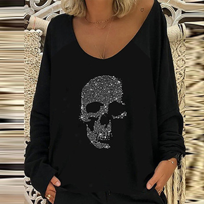 Skull Print Oversized Loose T-shirt Top骷髅头印花宽松T恤上衣
