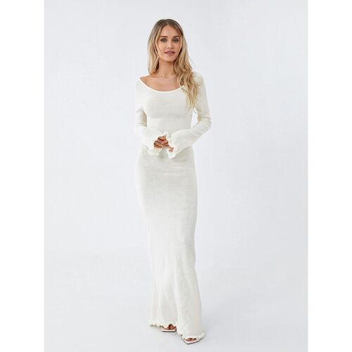 纯色露背喇叭袖木耳边连衣裙