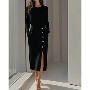 round color Solid dress waist slit neck 纯色圆领腰开叉连衣裙