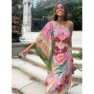 tassel Slant shoulder printed dress斜肩印花開叉連衣長裙 slit