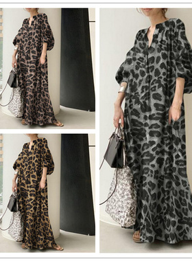 leopard-print stand-neck puff-sleeve dress豹纹印花立领连衣裙