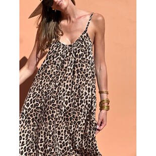 print Leopard dress camisole long neck 豹纹V领露背吊带长裙