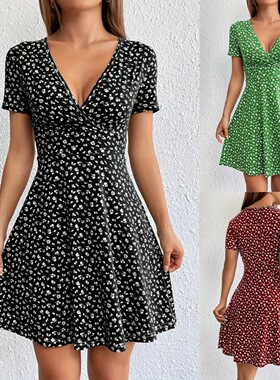 V-neck printed short sleeved long skirtV领印花束腰短袖长裙女