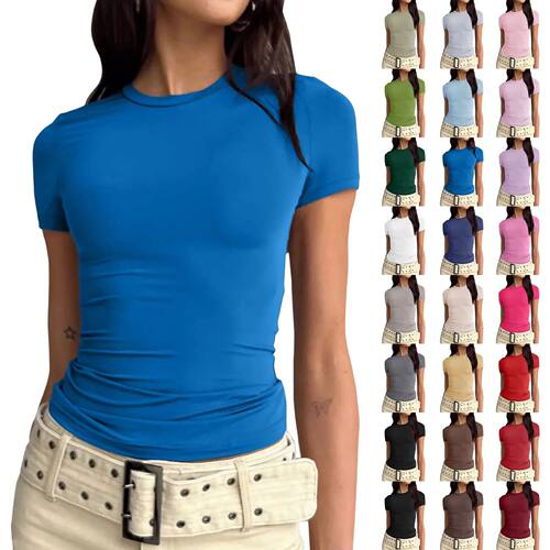 Round neck solid color slim fit top 女士圆领纯色长袖修身上衣