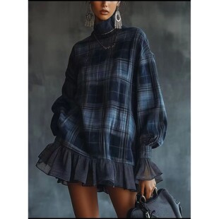 neck dress plaid edge women ruffle 高领格纹荷叶边连衣裙High