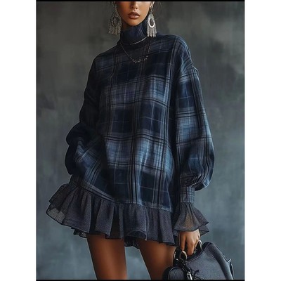 High neck plaid ruffle edge dress women 高领格纹荷叶边连衣裙