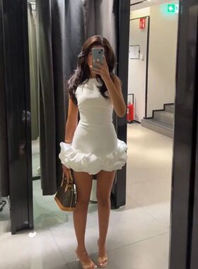 欧美白色木耳边包臀修身连衣裙