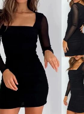 Mesh long sleeved pleated jumpsuit short skirt网纱长袖连衣裙