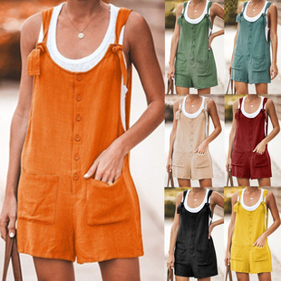 Solid color patch pocket tie cotton and linen overalls背带裤