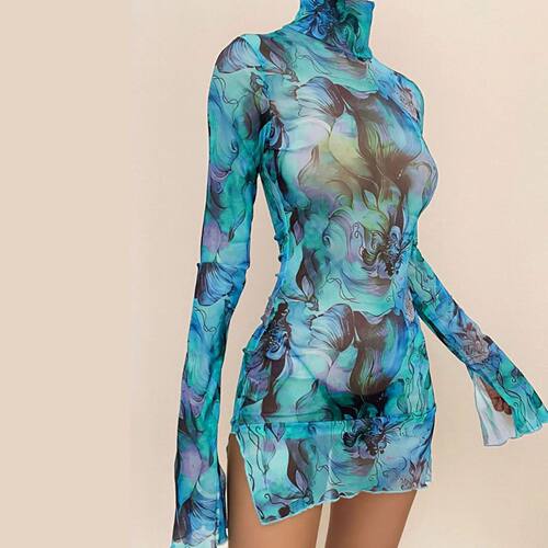 Mesh printed round neck hip hugging dress 网纱印花包臀连衣裙
