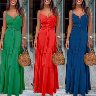 Tropical Print Halter Backless Maxi Dress夏季纽扣V领长连衣裙