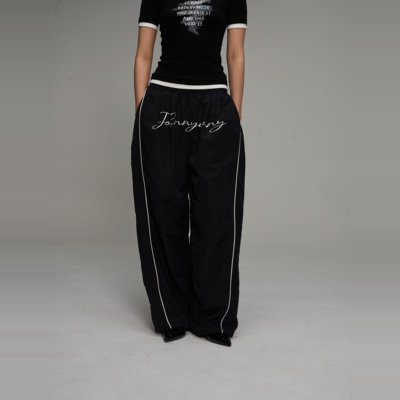 JOHNNYWU黑色中低腰拖地休闲裤灰色嵌条美式宽松印花长裤男女同款