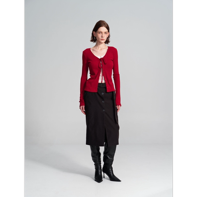 JOHNNYWU 小众绑带红色拼接蕾丝内搭针织开衫