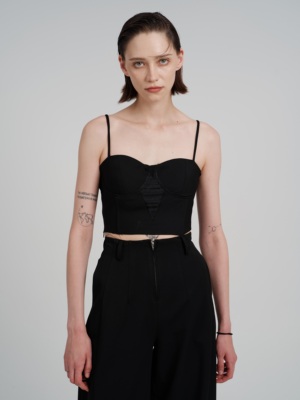 叠褶拼纱黑色吊带JOHNNYWU