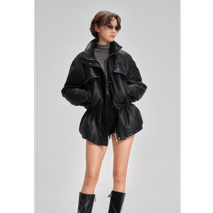 JOHNNYWU 立领中长款可抽褶收腰皮夹克羽绒服外套