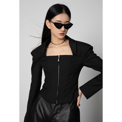 方领带垫肩黑色西装外套JOHNNYWU