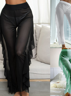 Women's solid color ruffled lace up pants 纯色荷叶边系绳长裤