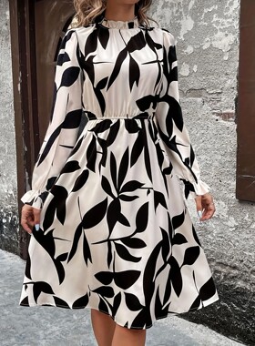 Plant printed waist cinching dress women植物印花收腰连衣裙女