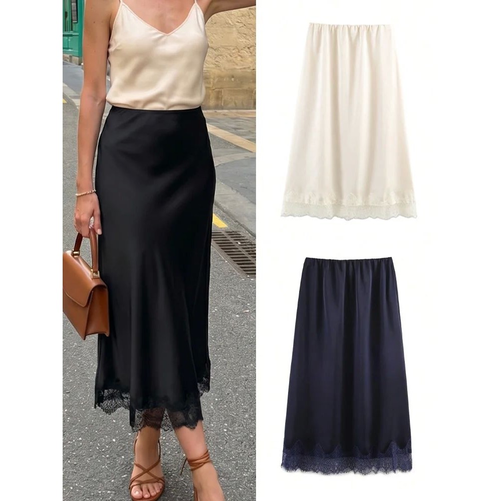 纯色高腰蕾丝边半身裙Lace satinhigh waisted A-line midi skirt