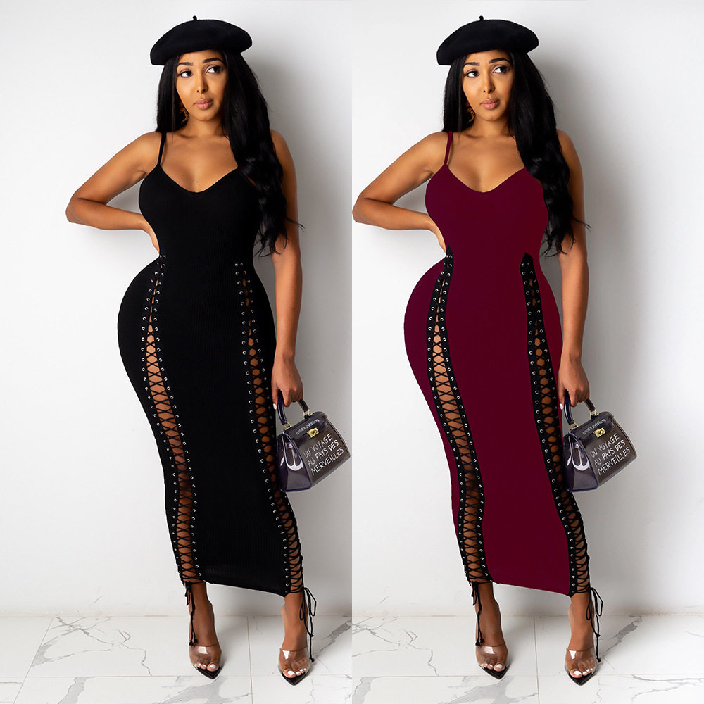 休闲吊带小V领连衣裙女