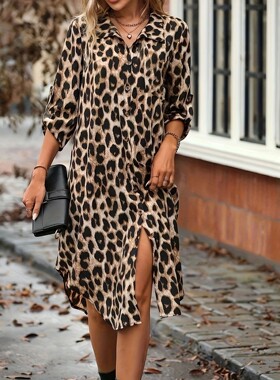 Leopard print shirt slit dress for women豹纹衬衫开叉连衣裙女