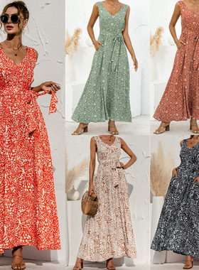 2025夏季新款女装黑色无袖连衣裙宽松V领印花长裙 Women's dress