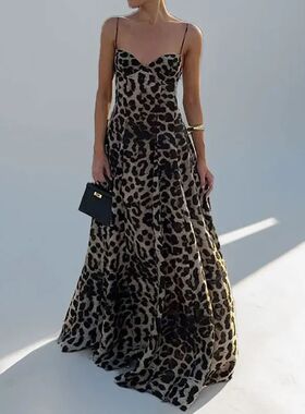 无袖豹纹印花吊带长款连衣裙 Leopard print camisole long dress