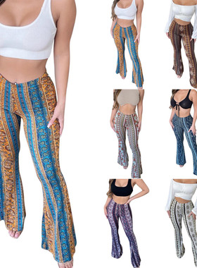 High elastic tight micro flared printed pants 高弹微喇印花裤