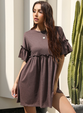 Solid color round neck fungus edge pleated loose dress连衣裙