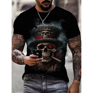 创意骷髅头3D印花短袖圆领印花Men's casual short sleeved shirt
