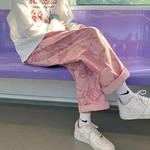 高腰阔腿拖地裤男印花高腰阔腿