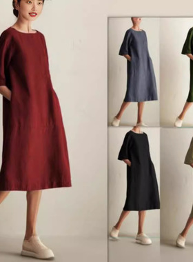Women's casual round neck mid sleeve dress休闲圆领中袖连衣裙
