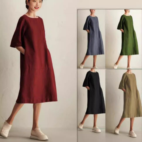 Women's casual round neck mid sleeve dress休闲圆领中袖连衣裙
