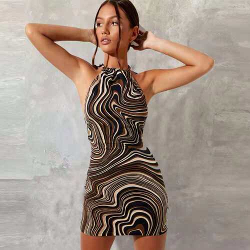 Sexy printed halter lace dress women 2021夏季2女士连衣裙新款