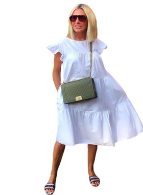 Women's Solid Color Loose Pleated Short Sleeve Dress纯色女裙